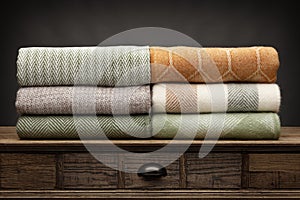 6 luxury throws, folded up and shot on a wooden sideboard,  with a grey background