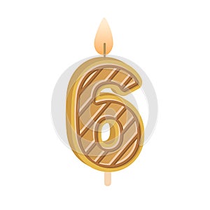 6 number candle for birthday cake. Wax decor for 6th year anniversary. Sixth age figure-shaped decoration with glowing