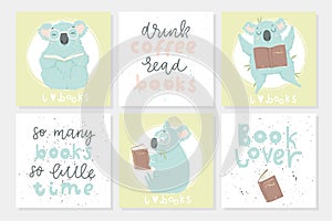 6 postcard template with illustrations and lettering. Cute blue koala hand drawn illustration