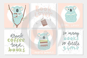 6 postcard template with illustrations and lettering. Cute blue koala hand drawn illustration