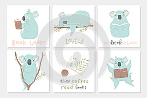 6 postcard template with illustrations and lettering. Cute blue koala hand drawn illustration