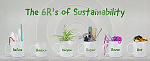 The 6 R`s of Sustainability, illustrated in 6 mugs with relevant contents. Refuse, reduce, recycle, repair, reuse, rot.