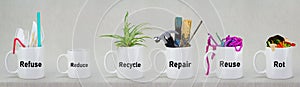 The 6 R`s of Zero Waste Living illustrated in 6 mugs with relevant contents. Refuse, reduce, recycle, repair, reuse, rot.