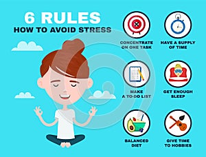 6 rules to avoid stress infographic. Young