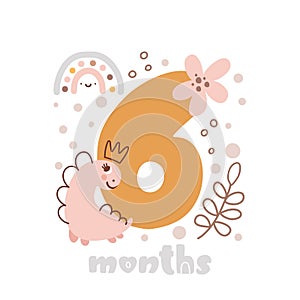 6 six months anniversary card. Baby shower print with cute animal dino and flowers capturing all special moments. Baby