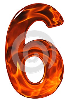 6, six, numeral from glass with an abstract pattern of a flaming