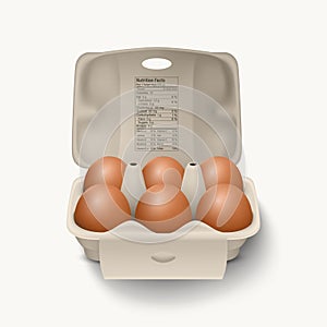 6 Six Vector 3d Realistic Brown Chicken Eggs in Opened Carton Paper Box, Container, Packaging. Chicken Egg Set, Isolated