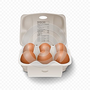 6 Six Vector 3d Realistic Brown Chicken Eggs in Opened Carton Paper Box, Container, Packaging. Chicken Egg Set, Isolated