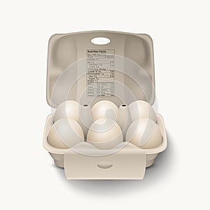 6 Six Vector 3d Realistic White Chicken Eggs in Opened Carton Paper Box, Container, Packaging. Chicken Egg Set, Isolated