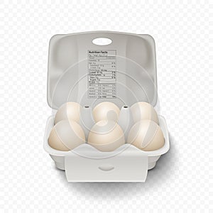 6 Six Vector 3d Realistic White Chicken Eggs in Opened Carton Paper Box, Container, Packaging. Textured Chicken Egg Set