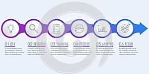 6 steps infographic. 6 circles with arrow. Template for diagram, banner, timeline infographics, flowchart, business presentation