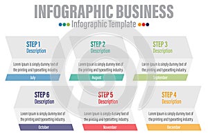 6 Steps Modern Timeline diagram with arrows presentation vector infographic. Infographic template for business.
