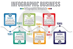 6 Steps Modern Timeline diagram with pip tag and workflow presentation vector infographic. Infographic template for business.