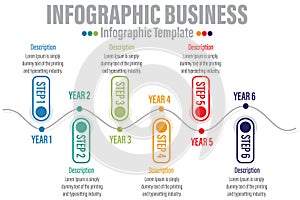 6 Steps Modern Timeline diagram with pip tag and workflow presentation vector infographic. Infographic template for business.