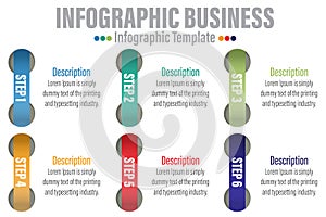 6 steps, option or levels infographic design with business icons. Vertical timeline info graphic template for presentation,