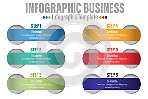 6 steps, option or levels infographic design with business icons. Vertical timeline info graphic template for presentation,