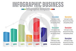 6 Steps or six option Vector creative infographic of columns bar chart with seven options. Modern comparison business table