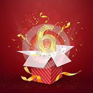 6 th year number anniversary and open gift box with explosions confetti isolated design element. Template six sixth birthday