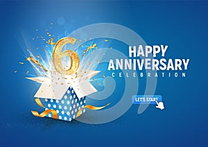 6 th years anniversary banner with open burst gift box. Template sixth birthday celebration and abstract text on blue background