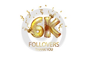 6 thousand. Thank you, followers. 3D vector illustration for blog or post design. 6K gold sign made of foil gold balls with