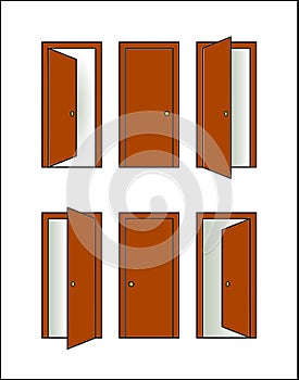 6 wooden doors, door icons, open and closed, vector, true to scale, customizable, scalable, wooden frame, brass handle, web design