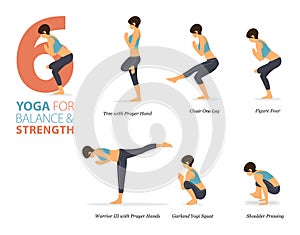 6 Yoga poses or asana posture for workout in balance and strength concept. Women exercising for body stretching.