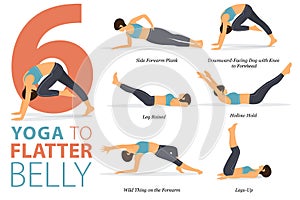 6 Yoga poses or asana posture for workout in Flatter Belly concept. Women exercising for body stretching. Fitness infographic.