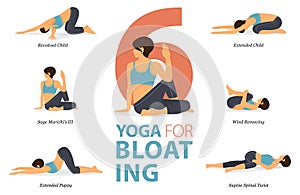 6 Yoga poses or asana posture for workout in Yoga for Bloating concept. Women exercising for body stretching. Fitness infographic.