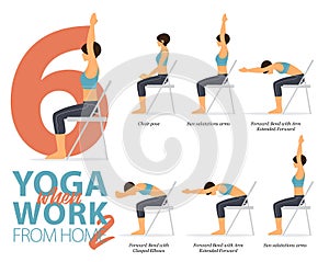 6 Yoga poses for office syndrome when working at home in flat design. Beauty woman is exercise for strength on office chair.