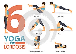 6 Yoga poses for workout in lordosis fix concept.