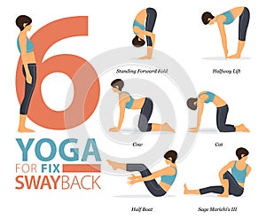 6 Yoga poses for workout in swayback fix concept.