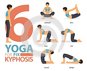 6 Yoga poses for workout in thoracic kyphosis fix concept.