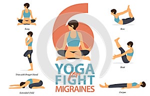 6 Yoga poses for Yoga at home in concept of fight for migraines or headache in flat design. Vector