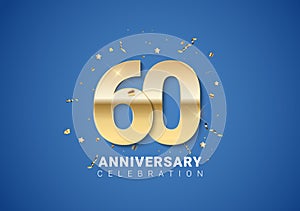 60 anniversary background with golden numbers, confetti, stars on bright blue background. Vector Illustration