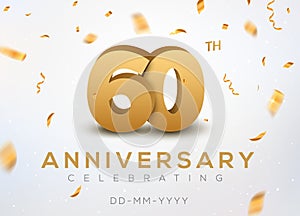 60 Anniversary gold numbers with golden confetti. Celebration 60th anniversary event party template