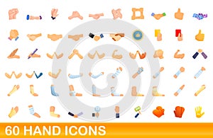60 hand icons set, cartoon style
