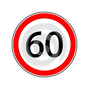 60 limit speed. 60 km speed limit sign for car. Road sign with restriction of sixty kmh. Icon for traffic on city or highway.