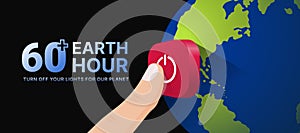 60 minutes plus, Earth hour - Finger touch red turn off button on world global and dark blue background vector design