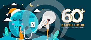 60 minutes plus, Earth hour people helping Unplug to turn off the light for the world to sleep vector design
