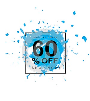 60% OFF. Discount Vector Symbol. Black Letters. Blue Splash whit Black Frame.