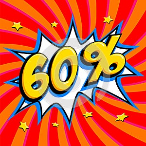 60 off. Sixty percent 60 off sale on red twisted background. Comics pop-art style bang shape. Seasonal sale banner