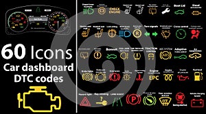 60 pack icons - Car dashboard, dtc codes, error message, check engine, fault, dashboard vector illustration, gas level, air suspen