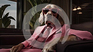 60\'s style, fashionable dog in pink suit sitting in leather chair with dark glasses, looking at camera. AI generated