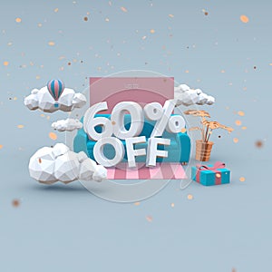 60 sixty percent off 3d-illustration in cartoon style. Sale concept.