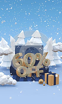 60 sixty percent off - 3d illustration with copy space in cartoon style. Christmas discount or winter sale concept.