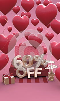 60 sixty percent off - Valentines Day Sale 3D illustration. Vertical banner with copy space.