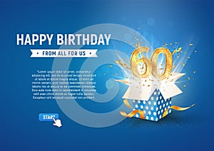 60 th years anniversary banner with open burst gift box. Template sixtieth birthday celebration and abstract text on blue