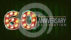 60 Years Anniversary Banner Vector. Sixty, Sixtieth Celebration. 3D Glowing Element Digits. For Flyer, Card, Wedding