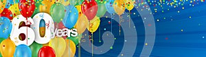 60 Years banner card with colorful balloons and confetti