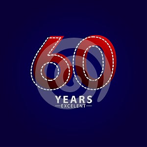 60 Years Excellent Anniversary Celebration Red Dash Line Vector Template Design Illustration